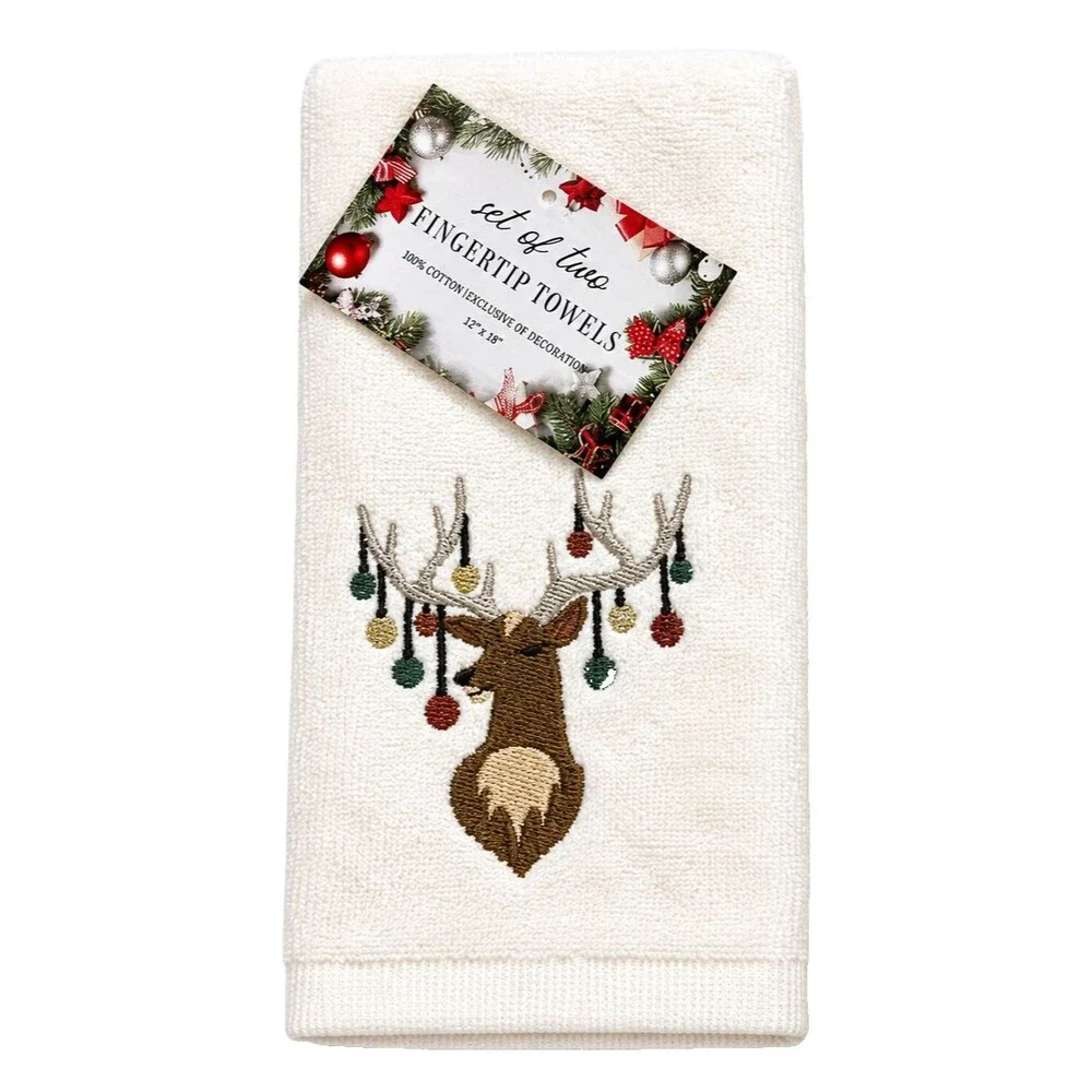 Christmas Fingertip Towels Reindeer Ornaments Embroidered Ivory Holiday Set of 2